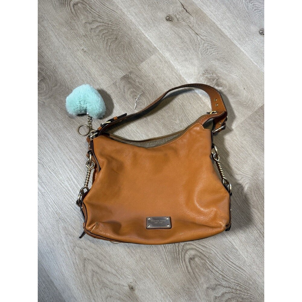 Michael Kors Brown Pebbled Leather Hobo Shoulder Bag Chain Strap Logo Plate